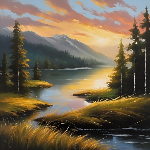 painting of a river with a mountain in the background