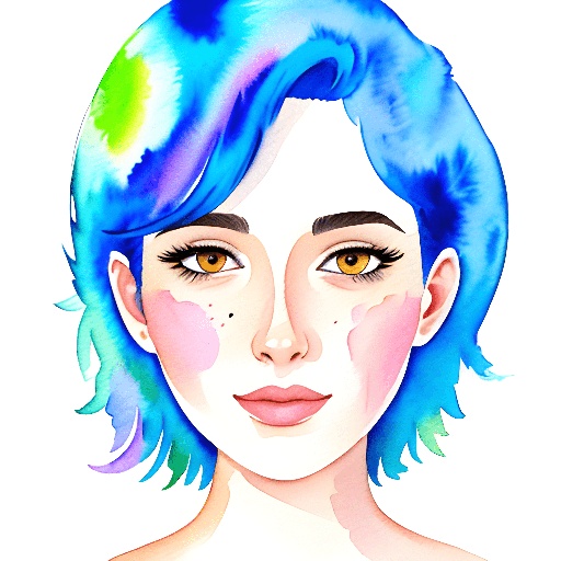 painting of a woman with blue hair and a rainbow colored face