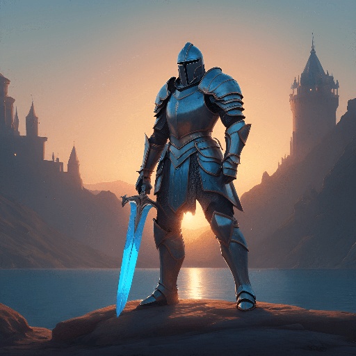a man in armor standing on a rock with a sword