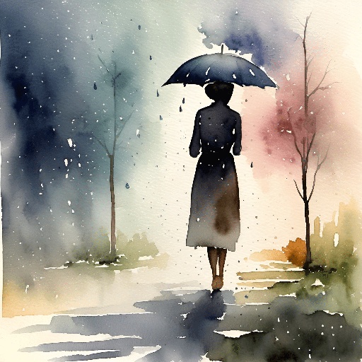 painting of a woman with an umbrella in the rain