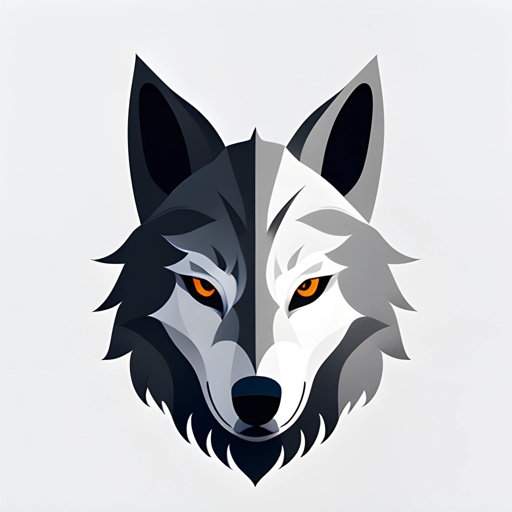a wolf head with orange eyes on a white background