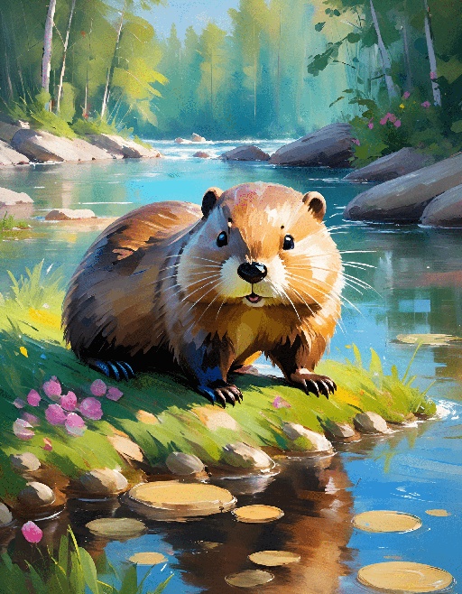 painting of a beaver sitting on a rock by a river