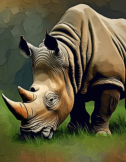 painting of a rhino grazing in a field of grass with a dark background