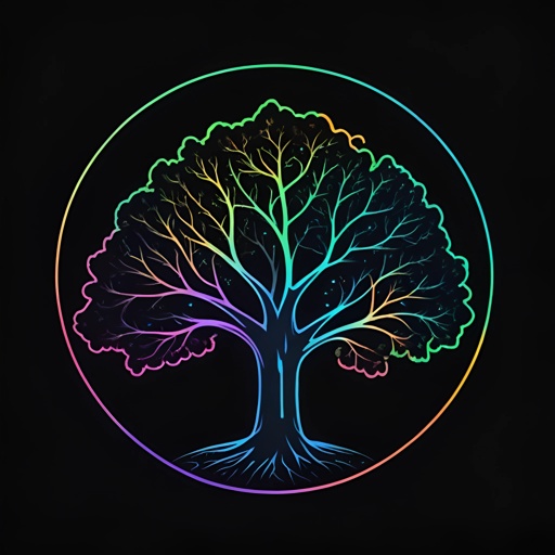 a brightly colored tree in a circle on a black background