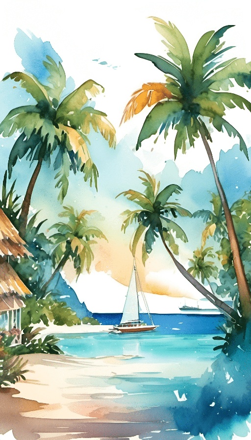 painting of a tropical beach scene with a sailboat and palm trees