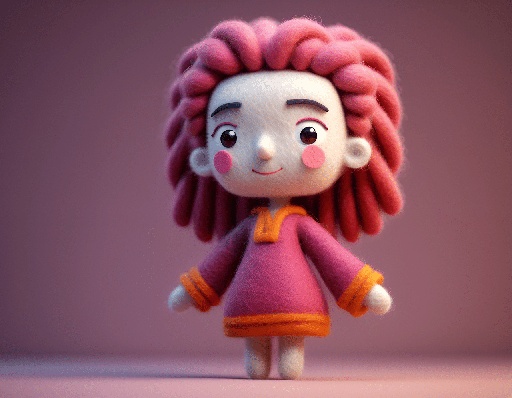 a small doll with pink hair and a pink dress
