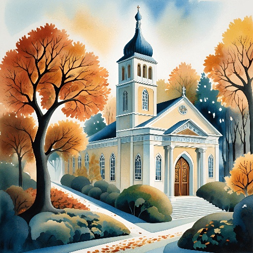 a painting of a church in the middle of a park