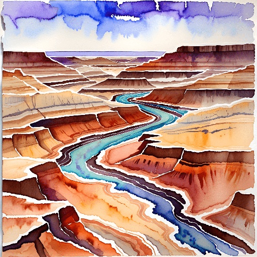 painting of a river running through a canyon in a desert