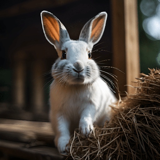 a white rabbit sitting on a hay bale