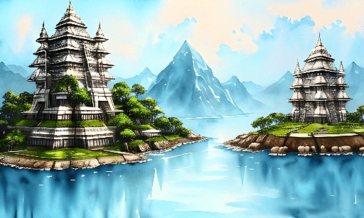 painting of a fantasy island with a castle and a lake