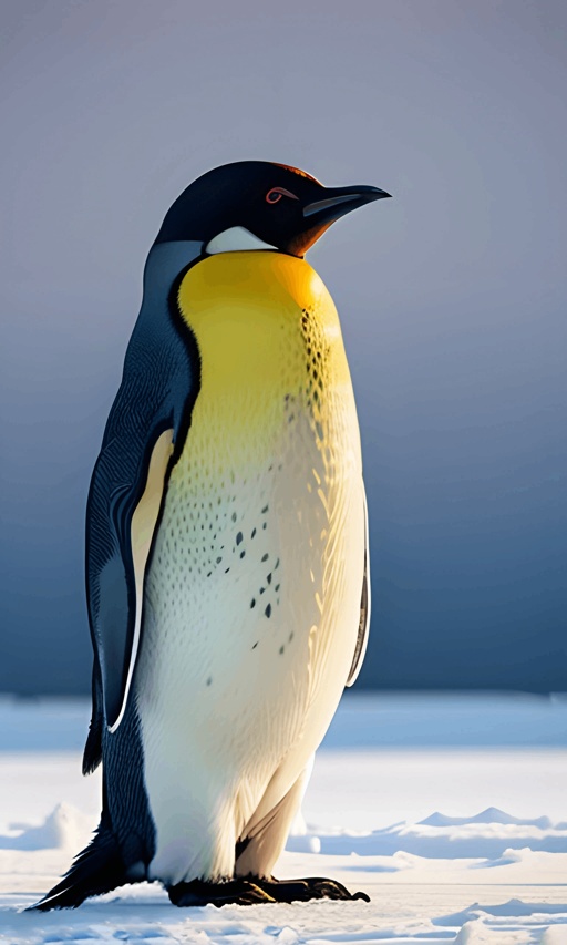 penguin standing on snow covered ground with blue sky in background