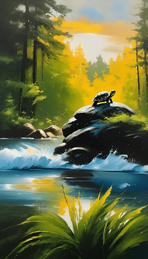 painting of a man sitting on a rock in a river
