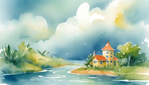 painting of a house on a small island with a river