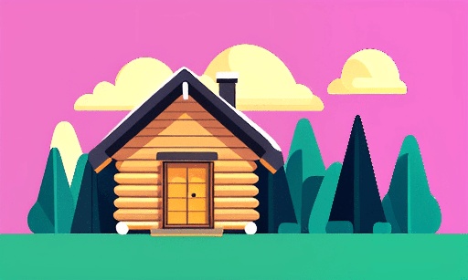 illustration of a log cabin with a pink sky and trees