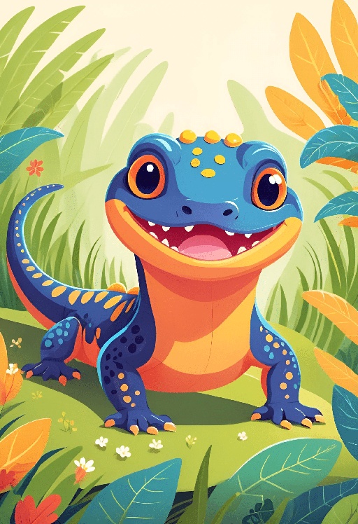 cartoon illustration of a blue and orange lizard in the jungle