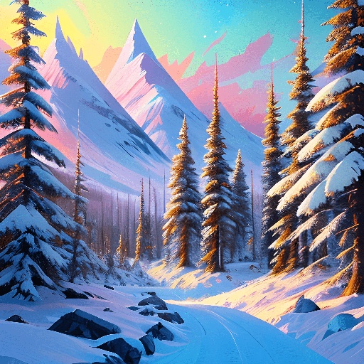 snowy mountain scene with a road and trees in the foreground