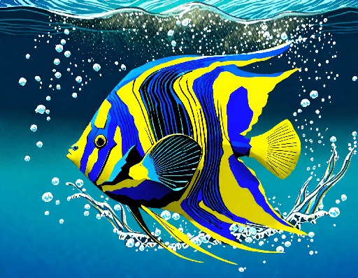 a blue and yellow fish swimming in the water