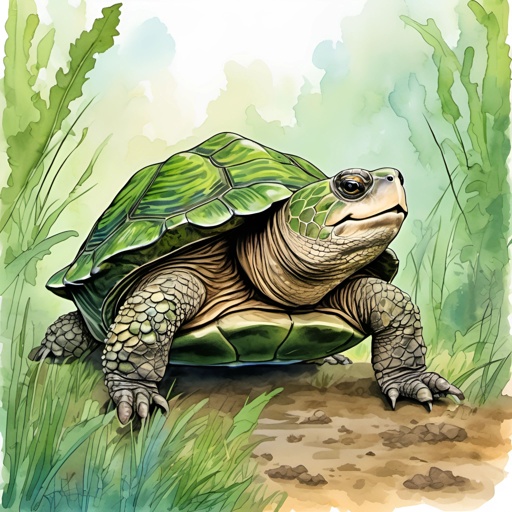 painting of a turtle with a green shell and a black eye