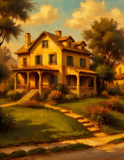 painting of a yellow house with a green lawn and steps leading to it