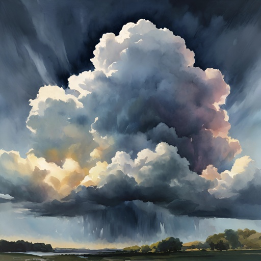 painting of a large cloud over a field with a cow grazing