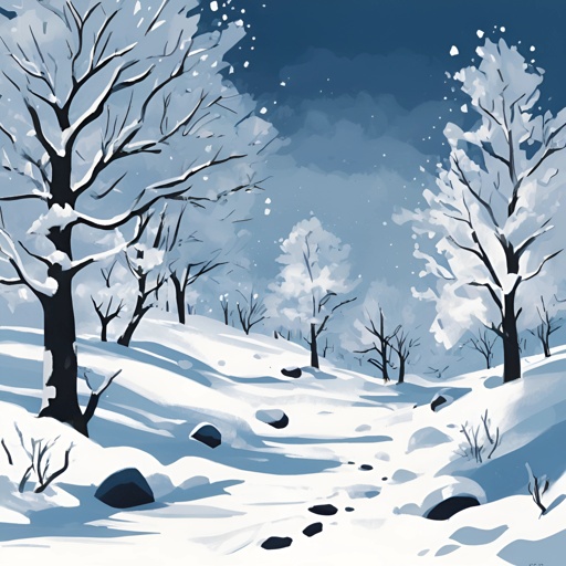 snowy scene with trees and rocks in a snowy landscape