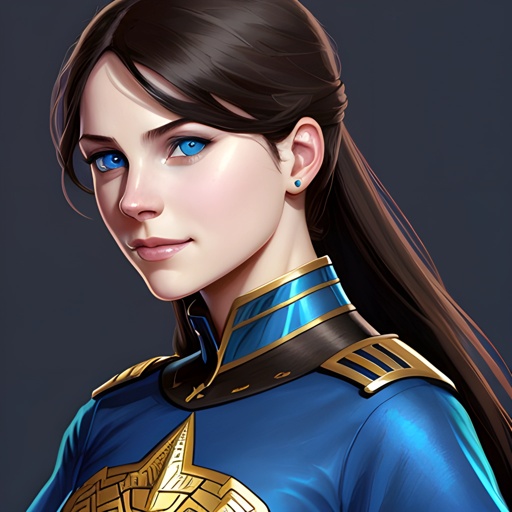 a close up of a woman with a blue uniform and a star on her chest
