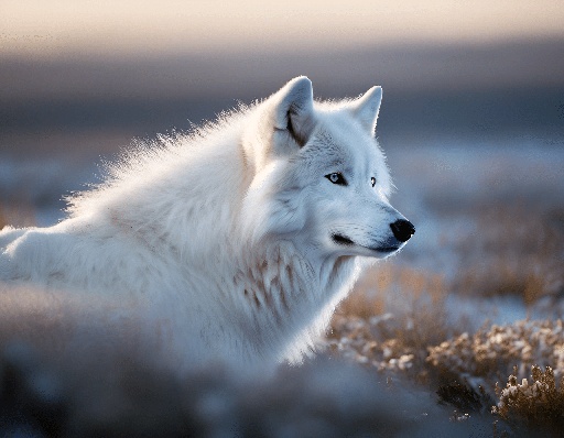 a white wolf that is laying down in the snow