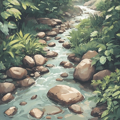 painting of a stream running through a lush green forest filled with rocks