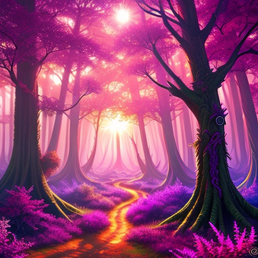 a painting of a path through a forest with purple flowers