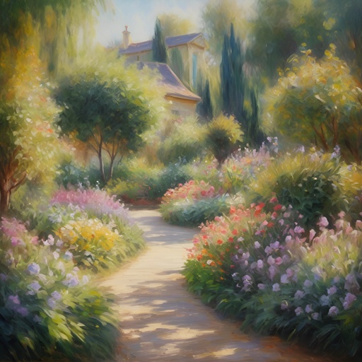 painting of a path in a garden with flowers and trees