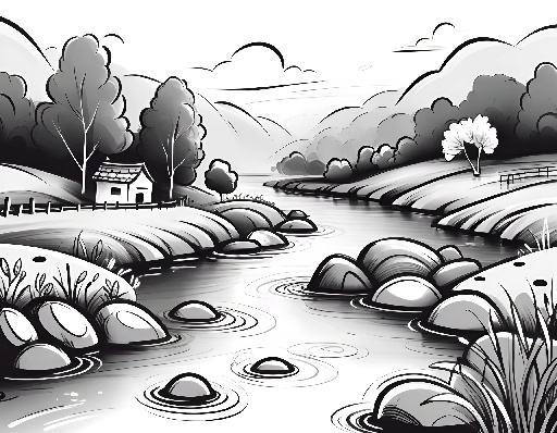a black and white drawing of a river with rocks and trees