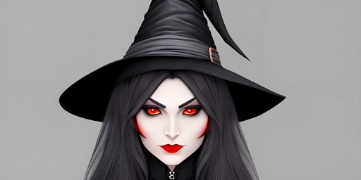 witch with black hat and red eyes and black hair