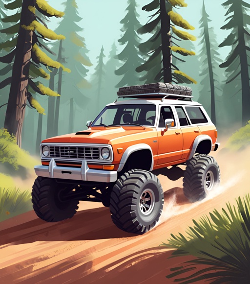 a cartoon style picture of a truck driving on a dirt road