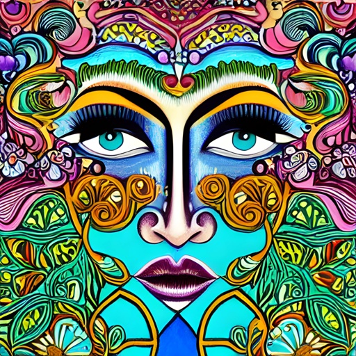 painting of a woman with a colorful face and a colorful background