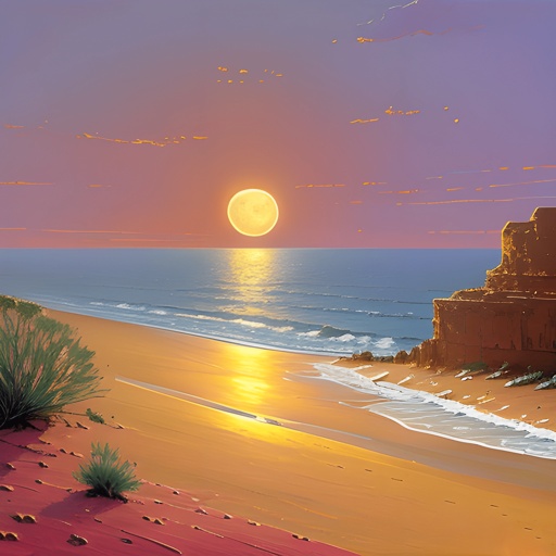 painting of a sunset over a beach with a cliff and ocean