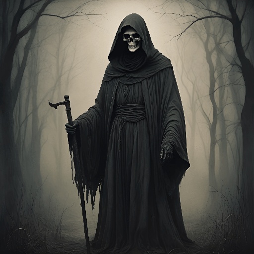 grim with a scythe in a dark forest