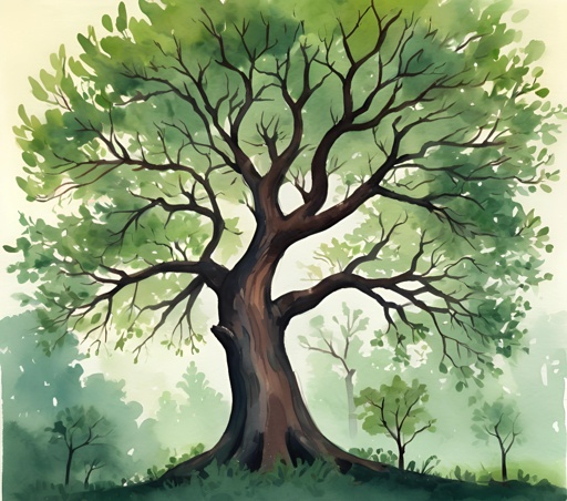 a painting of a tree with a green leafy tree
