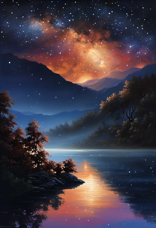 painting of a lake with a mountain and a sky with stars