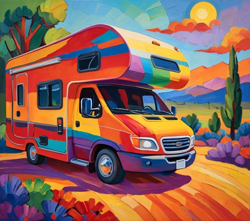 painting of a colorful camper van parked in a desert area