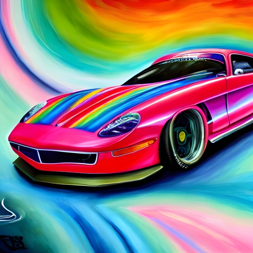 painting of a red sports car with a rainbow swirl background