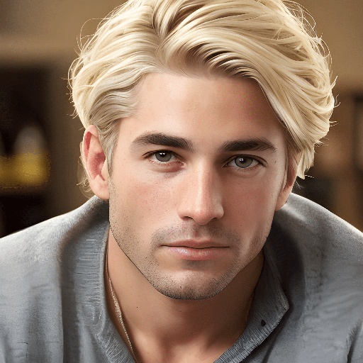 blond haired man with a grey shirt and necklace looking at the camera