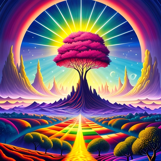 a painting of a tree in a colorful landscape with a rainbow