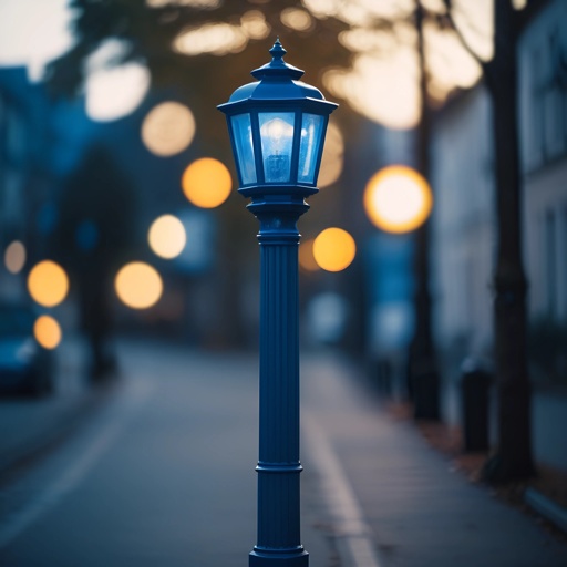 a blue street light on a street corner with a blurry background
