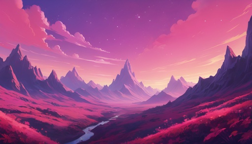 mountains and a river in a valley with a pink sky