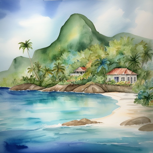 painting of a tropical island with a beach and a house