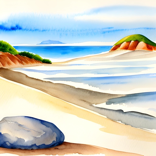 painting of a rock on a beach with a view of the ocean