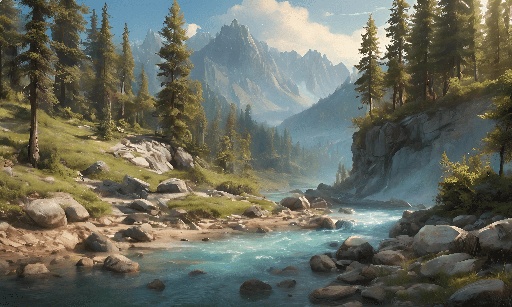 painting of a mountain stream with rocks and trees in the foreground