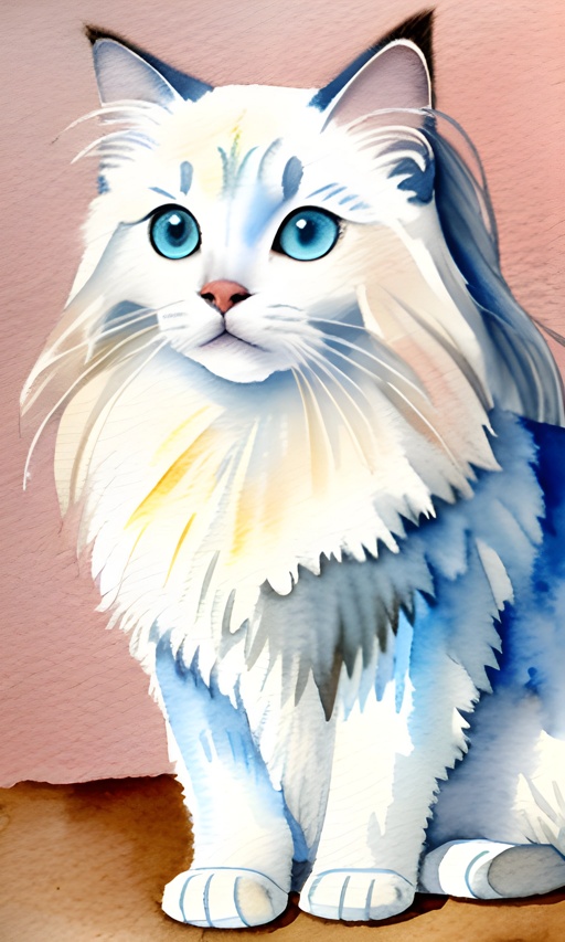 painting of a white and blue cat with blue eyes sitting on a table