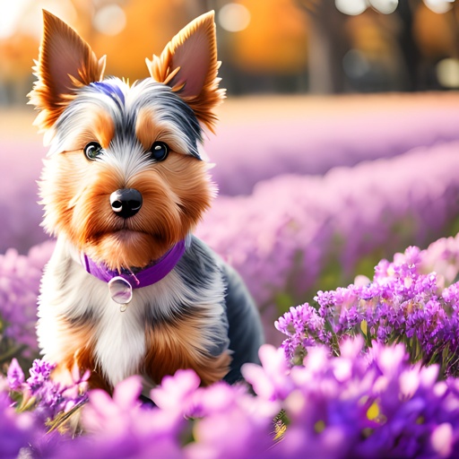 a small dog that is sitting in a field of flowers