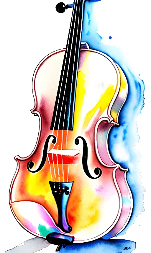 painting of a violin with a colorful bow on a white background